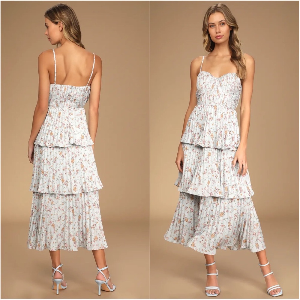 LULU’S | Cascading Crush Blue Floral Print Tiered Bustier Midi Dress
